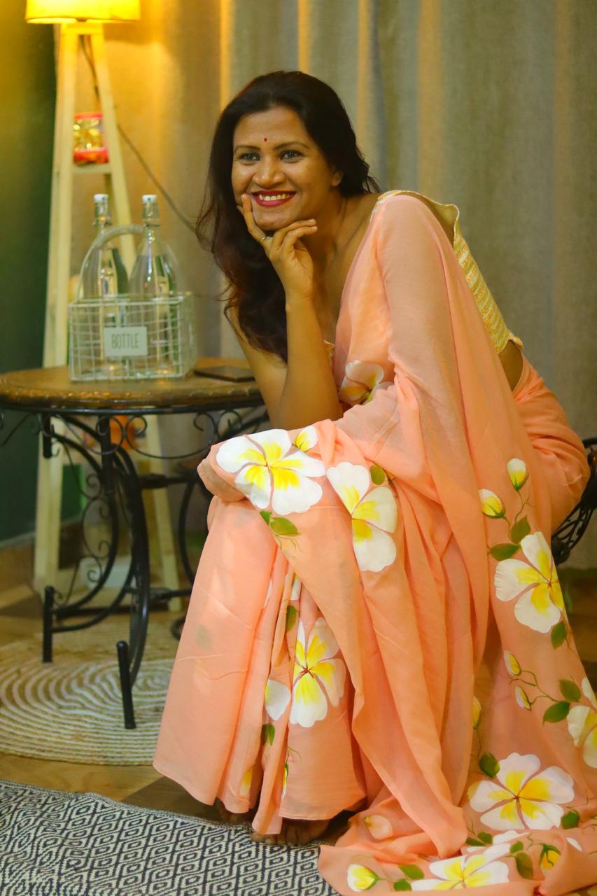 Peach Blossom Mull Cotton Handprint Saree