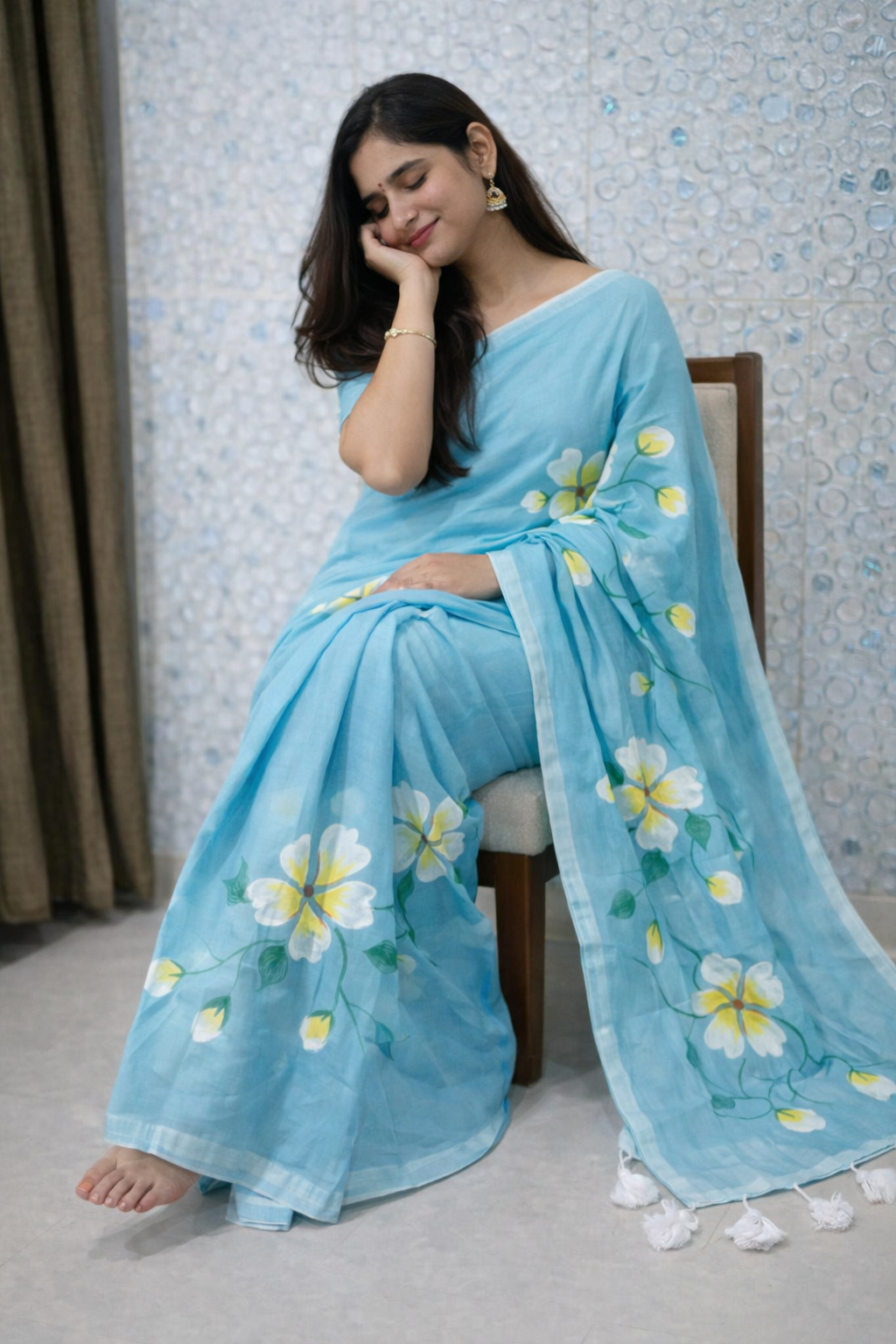Sky Blossom Premium Mull Cotton Handprint Saree