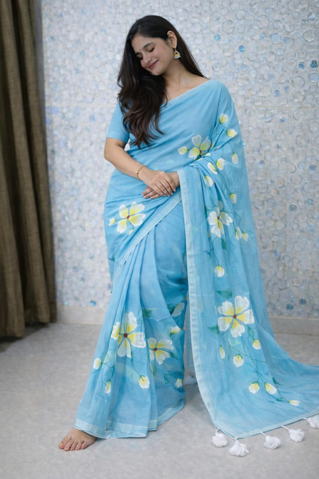 Sky Blossom Premium Mull Cotton Handprint Saree