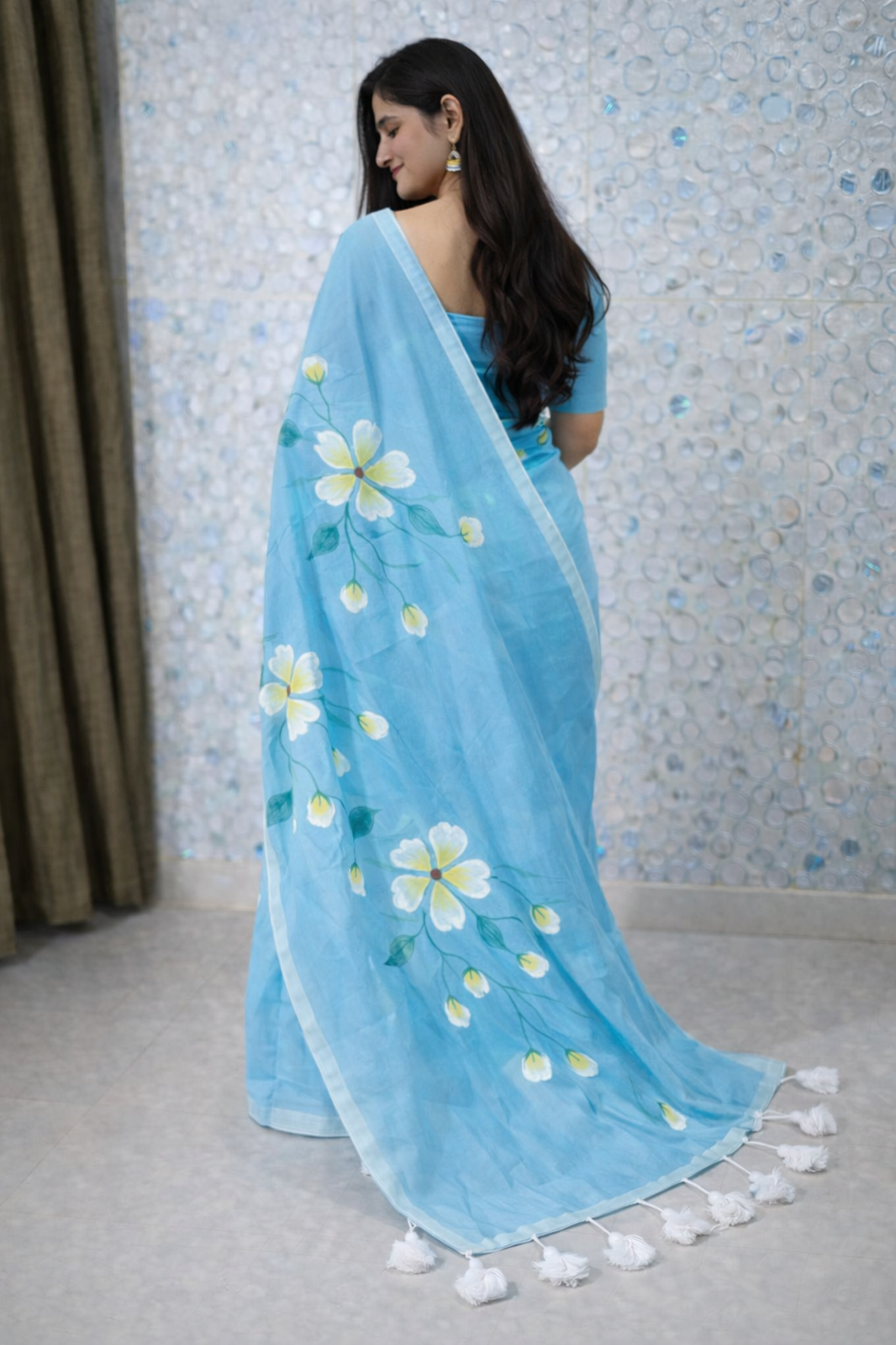 Sky Blossom Premium Mull Cotton Handprint Saree