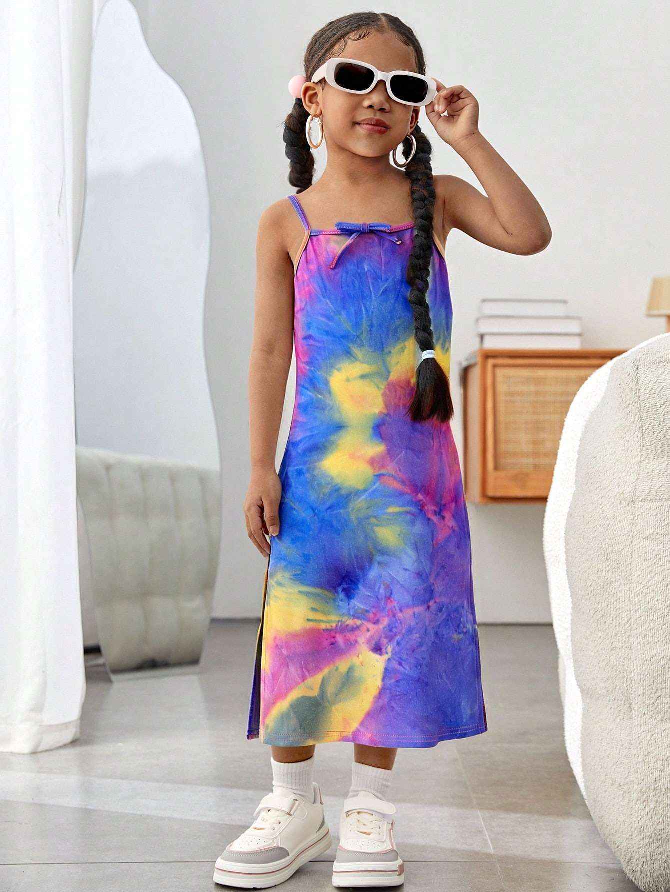 Rainbow Pop Multicolor Tie-Dye Spaghetti Midi Dress